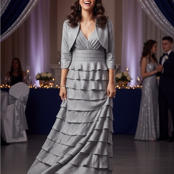 Adrianna Papell Dresses & Skirts - Adrianna Papell Silver Tiered Prom Dress